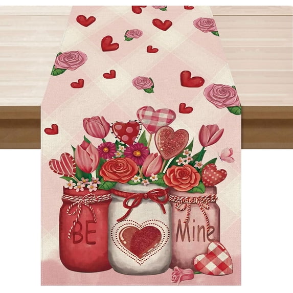 Valentines Day Roses Flowers Love Hearts Vase Cloth Table Runner Burlap Table Decoration for Home Kitchen Dining Dinner Indoor Holiday Farmhouse Decor 13x120 Inch