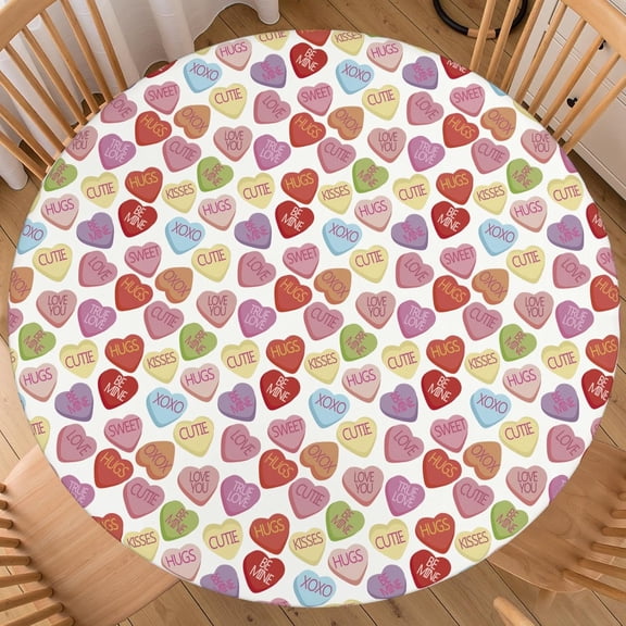 Valentines Day Round Fitted Tablecloth Best for 44 Colorful Heart Table Cloth Elastic Edge Water-Resistant Washable Love Table Cover for Happy Party Picnic Camping Outdoor Indoor Decor