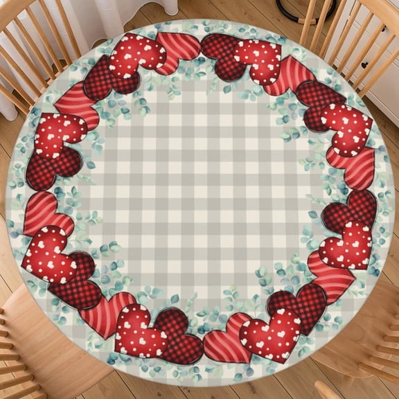 Valentines Day Round Fitted Tablecloth Best for 40"-44" Love Red Heart Table Cloth Elastic Edge Water-Resistant Washable Buffalo Plaid Table Cover for Happy Party Picnic Camping Outdoor Indoor Decor