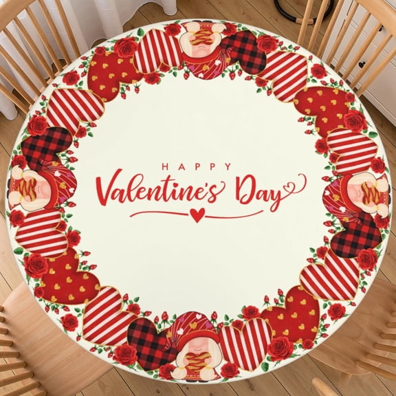 Valentines Day Round Fitted Tablecloth Best for 40"-44" Love Red Heart Table Cloth Elastic Edge Water-Resistant Washable Roses Table Cover for Happy Party Picnic Camping Outdoor Indoor Decor