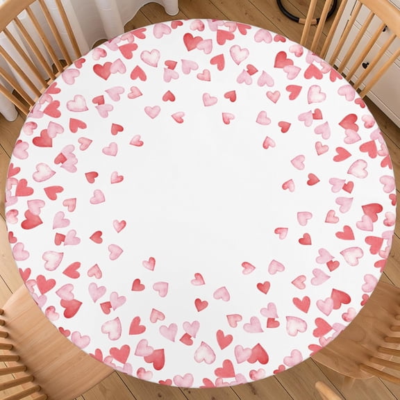 Valentines Day Round Fitted Tablecloth Best for 44"-48" Watercolor Pink Hearts Table Cloth Elastic Edge Water-Resistant Washable Colored Love Table Cover for Happy Party Picnic Outdoor Indoor Decor