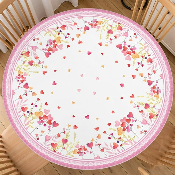Valentines Day Round Fitted Tablecloth Best for 44"-48" Yellow Pink Heart Table Cloth Elastic Edge Water-Resistant Washable Love Table Cover for Happy Party Picnic Outdoor Indoor Decor