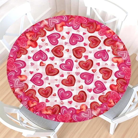Valentines Day Round Fitted Tablecloth with Elastic Edge,Water-Resistant Red Pink Love Heart Buffalo Plaid Table Cover for 40-44" Found Tables Rustic Romantic Table Cloth for Dinner,Outdoor,Patio
