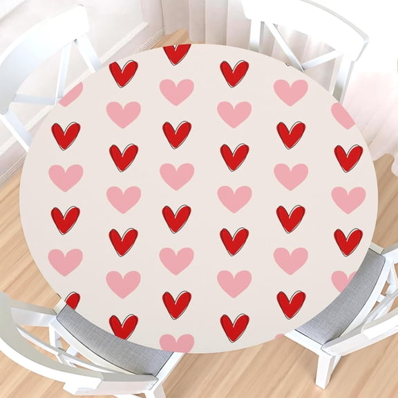 Valentines Day Round Fitted Tablecloth with Elastic Edge,Water-Resistant Wipeable Pink Red Heart Valentine''s Day Love Table Cover for 40-44" Stretch Table Cloth for Dinner Indoor Outdoor Party