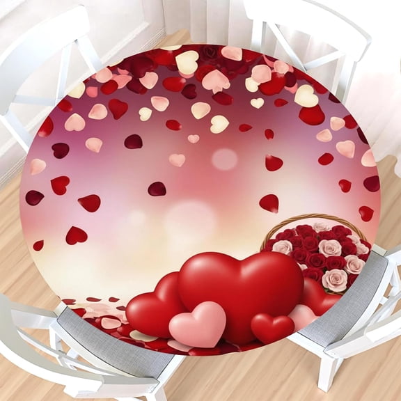 Valentines Day Round Fitted Tablecloth with Elastic Edge,Water-Resistant Wipeable Pink Red Love Heart Rose Floral Petals Table Cover for 40-44" Stretch Table Cloth for Dinner Indoor Outdoor Party