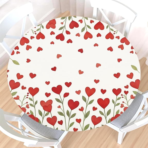Valentines Day Round Fitted Tablecloth with Elastic Edge,Water-Resistant Wipeable Valentine''s Day Red Heart Floral Green Leaf Table Cover for 40-44" Stretch Table Cloth for Dinner Indoor Outdoor
