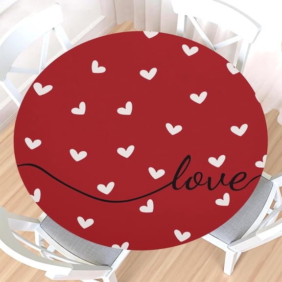 Valentines Day Round Fitted Tablecloth with Elastic Edge,Water&Stain-Resistant Wipeable Red White Love Hearts Table Cover for 40-44" Found Tables Rustic Romantic Table Cloth for Dinner,Outdoor,Patio