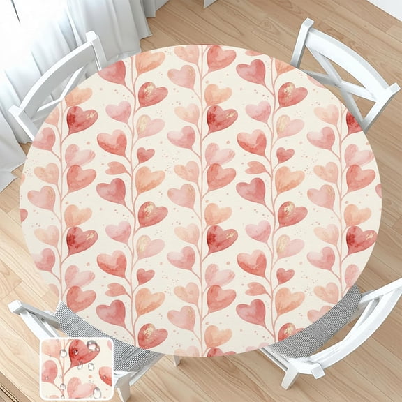 Valentines Day Round Fitted Tablecloth with Elastic Pink Love Heart Circle Table Cloth for 48-52" Round Tables Wipeable Waterproof Washable Valentine Hearts Table Cover for Picnic Dining Party Decor