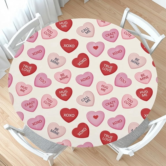 Valentines Day Round Fitted Tablecloth with Elastic Pink Red Love Hearts Circle Table Cloth for 44-48" Round Tables Wipeable Waterproof Valentines Decorative Table Cover for Picnic Dining Party Decor