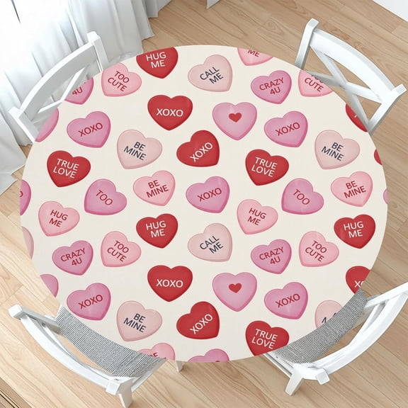 Valentines Day Round Fitted Tablecloth with Elastic Pink Red Love Hearts Circle Table Cloth for 44-48" Round Tables Wipeable Waterproof Valentines Decorative Table Cover for Picnic Dining Party Decor