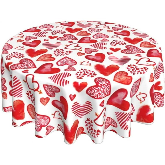 Valentines Day Round Tablecloth 60 Inch Red Heart Table Cloth Water Resistant Washable Polyester Valentine''s Day Table Cover for Kitchen Dining Table Party Decor