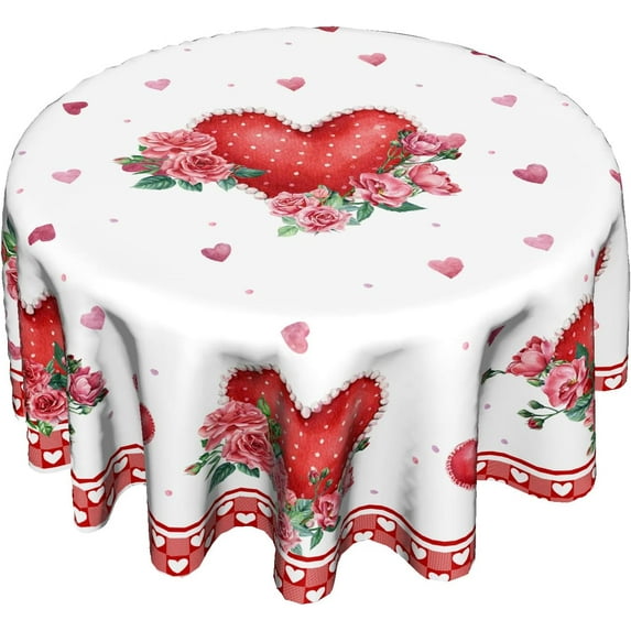Valentines Day Round Tablecloth 60 Inch, Red Pink Hearts Rose Flower Circular Table Cloth with Check Plaid, Love Watercolor Romantic Table Cover for Kitchen Dining Anniversary Decor