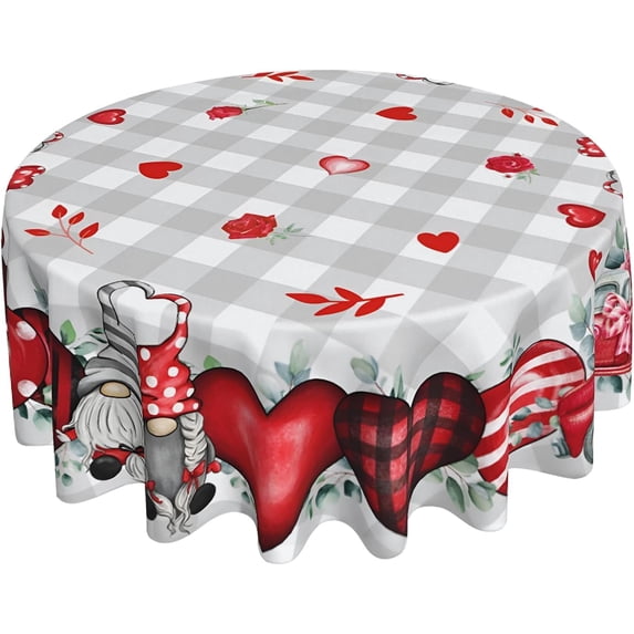 Valentines Day Round Tablecloth 60 Inch, Valentine Heart Tablecloth Buffalo Plaid Gnome Truck Table Cloth Cover for Dinner Party Wedding Decor