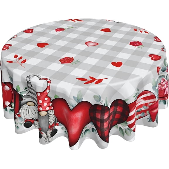 Valentines Day Round Tablecloth 60 Inch, Valentine Heart Tablecloth Buffalo Plaid Gnome Truck Table Cloth Cover for Dinner Party Wedding Decor