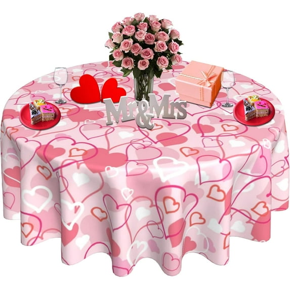 Valentines Day Round Tablecloth 60 Inch Valentines Day Hearts Love Tablecover Waterproof Table Cloth for Kitchen/Home Decoration