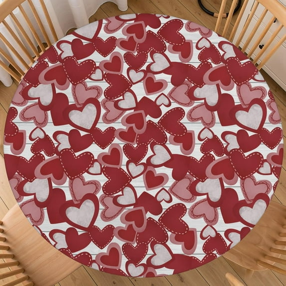 Valentines Day Round Tablecloth Fitted Best for 36"-40" Red Pink Heart Table Cloth Elastic Edge Water-Resistant Washable Wood Grain Love Table Cover for Happy Party Picnic Outdoor Indoor Decor