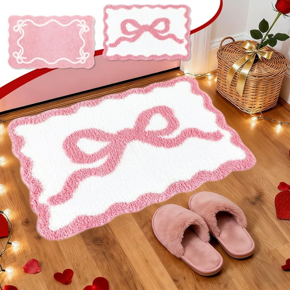 Valentines Day Rug, Bow Decor Rug Featuring Pink Fluffy Plush Non-Slip Backing, Ideal for Bedroom Carpet Or Door Mat Adding Romantic Home Decor Gift for Girlfriend Blahzhy | Pink