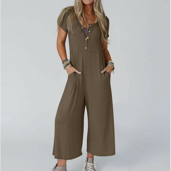 Valentines Day SEMPAI Women'S Solid Color Short-Sleeved Casual Wide-Leg Jumpsuit With Button Pockets Up to 65% off