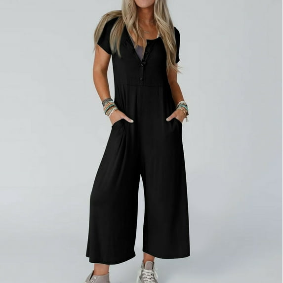 Valentines Day SEMPAI Women'S Solid Color Short-Sleeved Casual Wide-Leg Jumpsuit With Button Pockets Up to 65% off