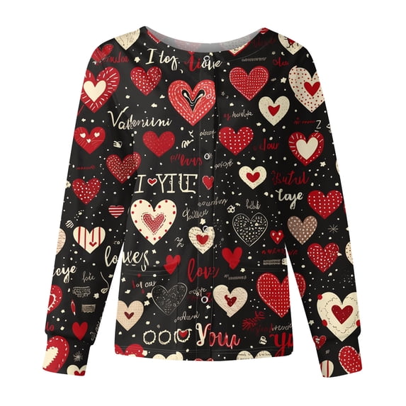 Valentines Day Scrub Jackets Women Plus Size Casual Button Snap Front Cute Love Heart Printed Scrubs Loose Long Sleeve Scrub Tops Nursing Uniform Medical Nurse Workwear with Pockets Black XL