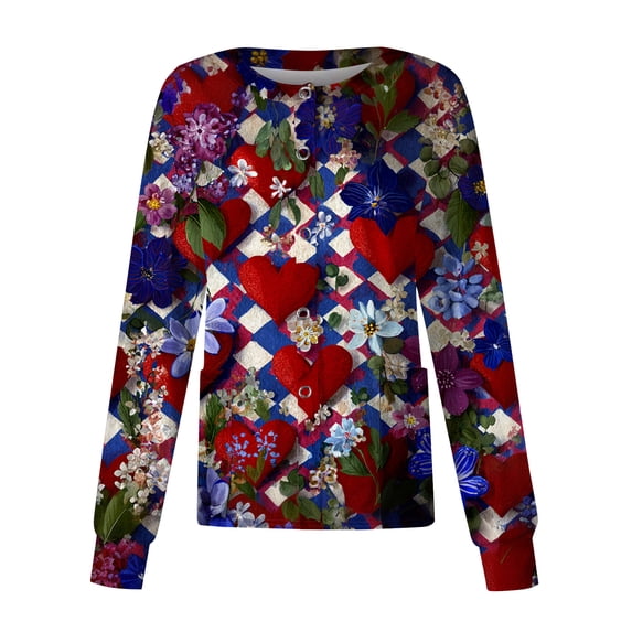 Valentines Day Scrub Jackets for Women Plus Size Loose Button Snap Front Cute Love Hearts Graphic Scrub Tops Hoilday Long Sleeve Scrubs Medical Nurse Workwear Nursing Uniform with Pockets Red 4XL