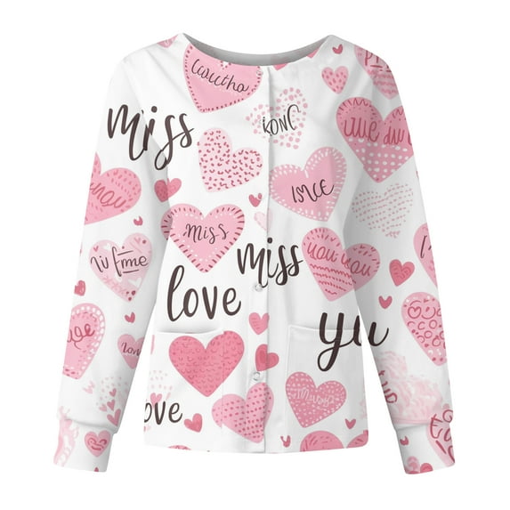 Valentines Day Scrub Jackets Women Plus Size Loose Long Sleeve Cute Love Hearts Graphic Scrubs Casual Button Snap Front Scrub Tops Nursing Workwear Medical Nurse Uniform with Pockets Pink XL