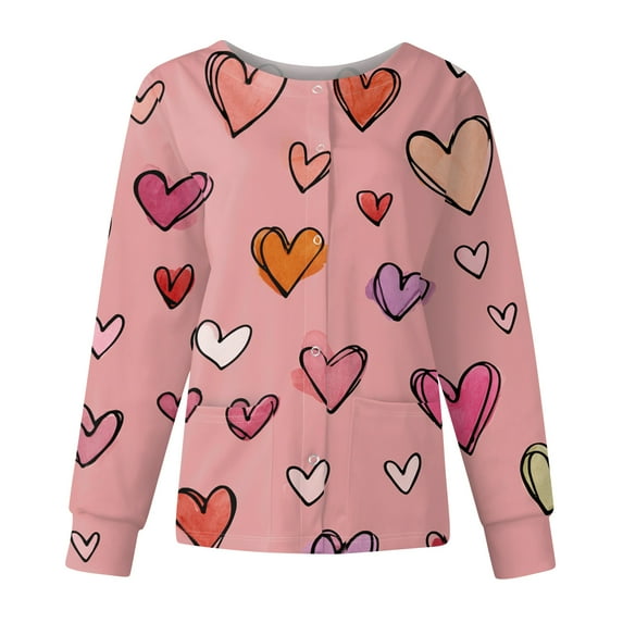 Valentines Day Scrub Jackets for Women Button Down Long Sleeve Holiday Scrub Shirts Cute Love Heart Print Medical Nurse Workwear
