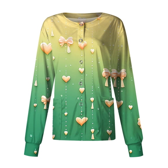 Valentines Day Scrub Jackets for Women Cute HeartsLong Sleeve Medical Nursing Uniforms with Pockets Green L