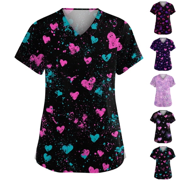 Valentines Day Scrub Shirts for Wife V Neck Graphtic Pink Red Scrubs Tops Lovely Heart Short Sleeve Ladies Nurse Uniform Love You Patterned Romantic Letter Printed Blouses Black L