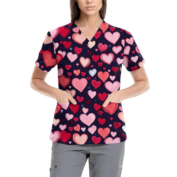 Valentines Day Scrub Tops Casual V Neck Short Sleeve Shirts Fashion Graphic Tees Nursing Uniform with Pockets 2025 Pink 4XL