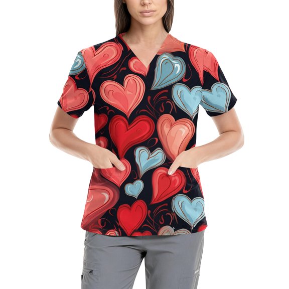 Valentines Day Scrub Tops Casual V Neck Short Sleeve Shirts Fashion Graphic Tees Nursing Uniform with Pockets 2025 Vermilion XL