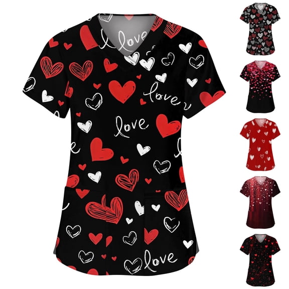 Valentines Day Scrub Tops Short Sleeve V Neck Heart Print Nurse Uniforms Holiday Working Scrubs for Women with Pockets Red XL