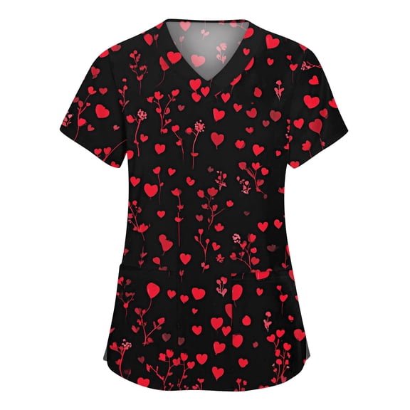 Valentines Day Scrub Tops for Women Casual Short Sleeve Cute Love Heart Printed Scrubs Hoilday V Neck Scrub Shirts Medical Nurse Uniform Nursing Workwear with Pockets Vermilion M