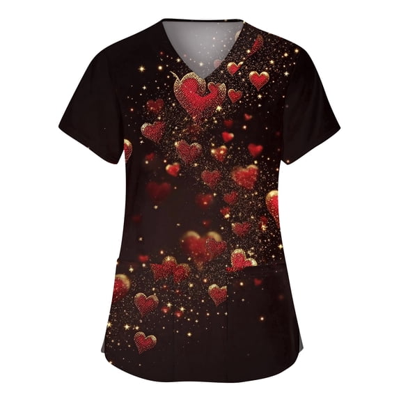 Valentines Day Scrub Tops for Women Casual Short Sleeve Cute Love Hearts Graphic Scrub Shirts Loose V Neck Scrubs Nursing Uniform Medical Nurse Workwear with Pockets Vermilion M