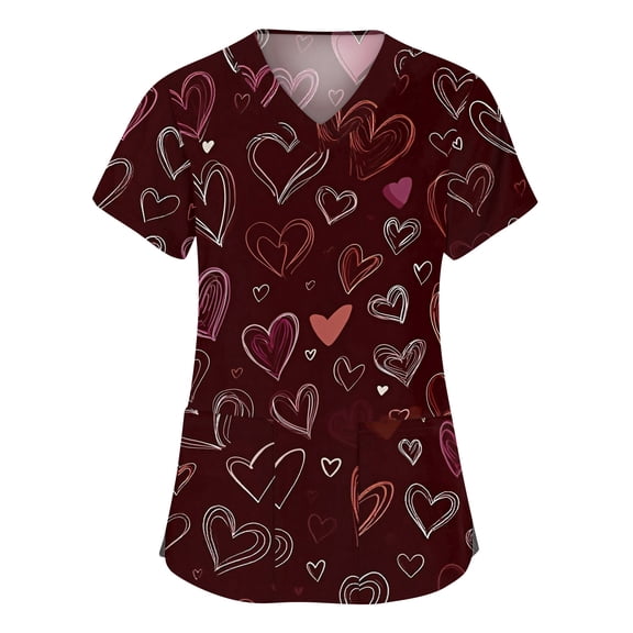 Valentines Day Scrub Tops Women Casual V Neck Cute Love Hearts Graphic Scrubs Hoilday Short Sleeve Scrub Shirts Medical Nurse Workwear Nursing Uniform with Pockets Deep Red M