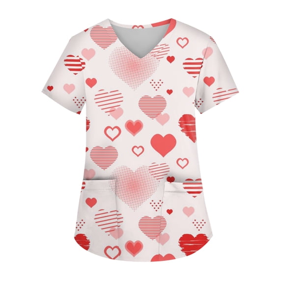 Valentines Day Scrub Tops for Women Casual V Neck Cute Valentine Love Printed Scrubs Hoilday Short Sleeve Scrub Shirts Nursing Uniform Medical Nurse Workwear with Pockets Vermilion XL