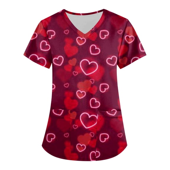 Valentines Day Scrub Tops for Women Casual V Neck Cute Valentine Love Printed Scrubs Loose Short Sleeve Scrub Shirts Medical Nurse Uniform Nursing Workwear with Pockets Deep Red M