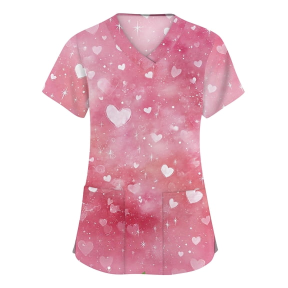 Valentines Day Scrub Tops Women Casual V Neck Cute Valentine Love Printed Scrubs Loose Short Sleeve Scrub Shirts Nursing Uniform Medical Nurse Workwear with Pockets Pink XL