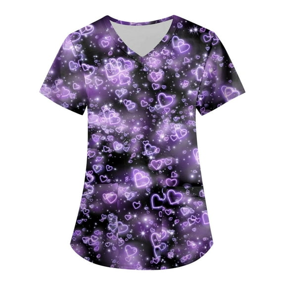 Valentines Day Scrub Tops for Women Casual V Neck Cute Valentine Love Printed Scrubs Loose Short Sleeve Scrub Shirts Nursing Workwear Medical Nurse Uniform with Pockets Purple S
