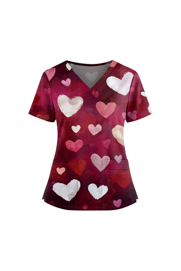 Valentines Day Scrub Tops Women Hoilday Short Sleeve Cute Love Heart Printed Scrub Shirts Casual V Neck Scrubs Medical Nurse Workwear Nursing Uniform with Pockets Wine 3XL