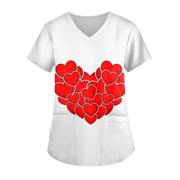 Valentines Day Scrub Tops Women Hoilday Short Sleeve Cute Love Hearts Graphic Scrub Shirts Casual V Neck Scrubs Nursing Uniform Medical Nurse Workwear with Pockets White XL