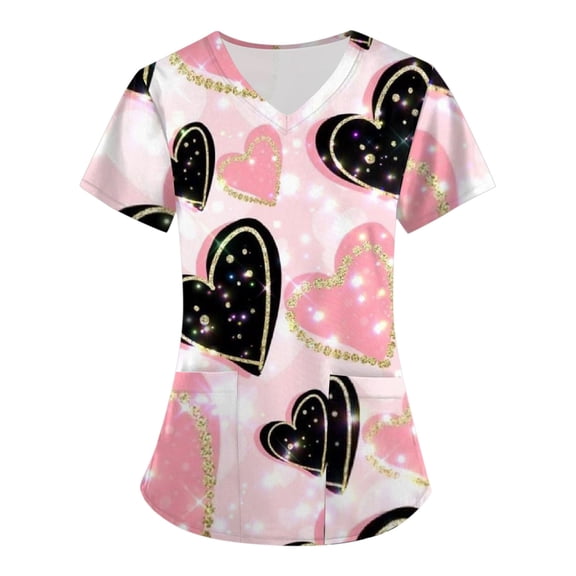 Valentines Day Scrub Tops for Women Hoilday Short Sleeve Cute Love Hearts Graphic Scrub Shirts Casual V Neck Scrubs Nursing Workwear Medical Nurse Uniform with Pockets Pink 3XL