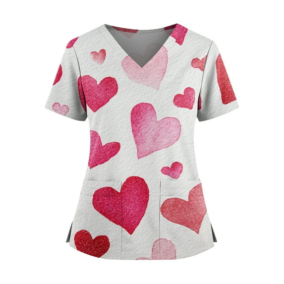 Valentines Day Scrub Tops Women Hoilday Short Sleeve Cute Love Hearts Graphic Scrubs Loose V Neck Scrub Shirts Medical Nurse Workwear Nursing Uniform with Pockets White S
