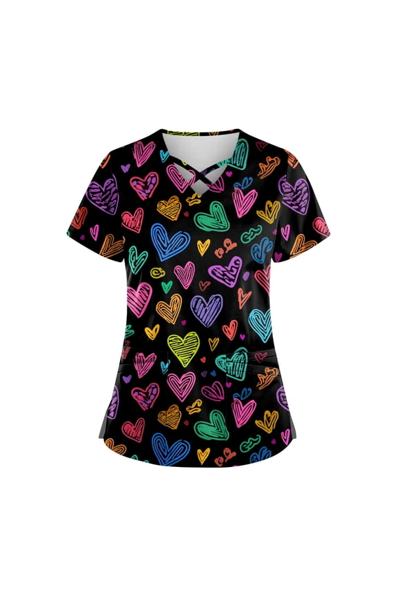 Valentines Day Scrub Tops for Women Hoilday Short Sleeve Cute Valentine Love Printed Scrub Shirts Loose Criss Cross V Neck Scrubs Nursing Workwear Medical Nurse Uniform with Pockets Black XL
