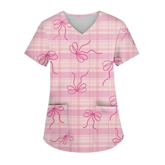 Valentines Day Scrub Tops for Women Hoilday V Neck Cute Valentine Love Printed Scrub Shirts Casual Short Sleeve Scrubs Nursing Workwear Medical Nurse Uniform with Pockets Watermelon Red XL