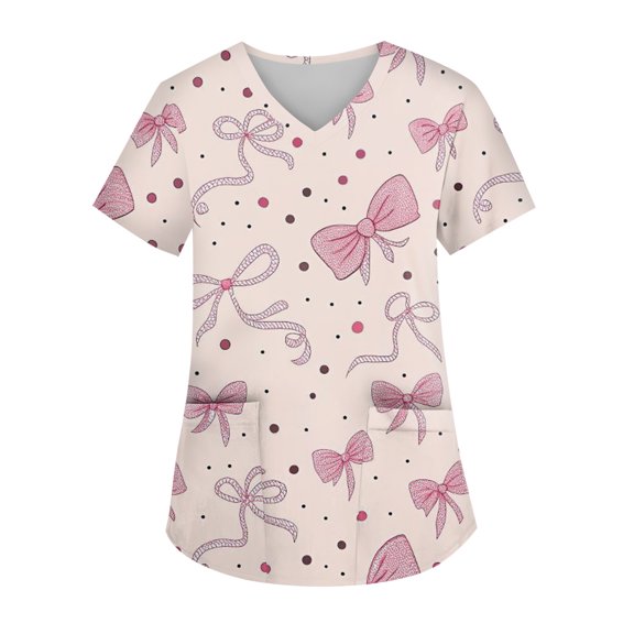 Valentines Day Scrub Tops for Women Loose Short Sleeve Cute Love Hearts Graphic Scrubs Casual V Neck Scrub Shirts Nursing Workwear Medical Nurse Uniform with Pockets Pink M