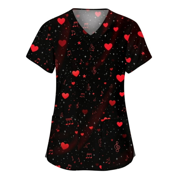 Valentines Day Scrub Tops for Women Loose V Neck Cute Love Heart Printed Scrubs Casual Short Sleeve Scrub Shirts Nursing Uniform Medical Nurse Workwear with Pockets Black 4XL