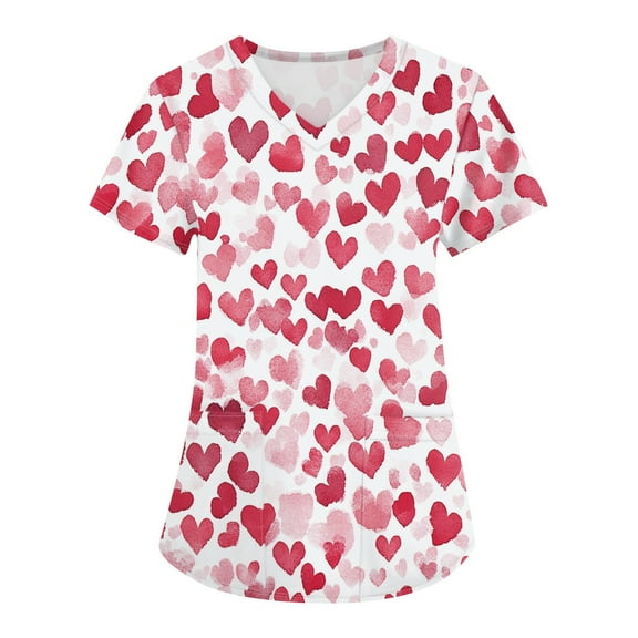 Valentines Day Under Scrub Tops for Women Love Heart Printed V-Neck Breathable Scrub Tops Short Sleeve Professionals Soft Stretch T-Shirts with Pockets  X-Large
