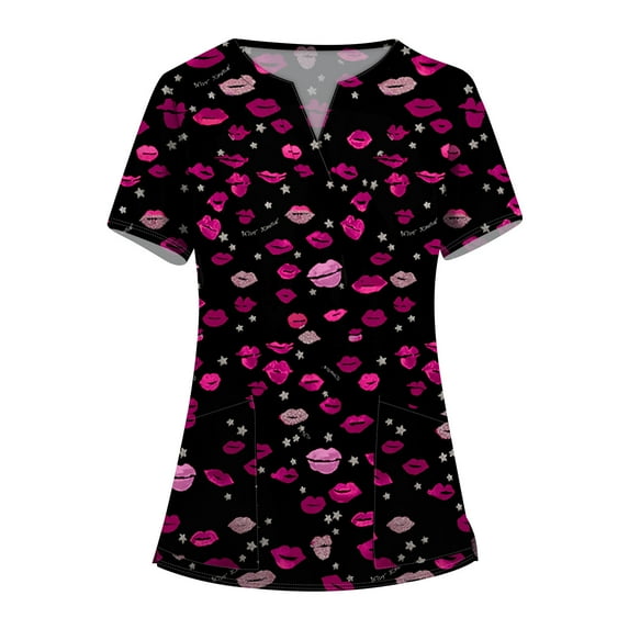 Valentines Day Scrub Tops Women Love Heart Printed V-Neck Breathable Scrub Tops Short Sleeve Professionals Soft Stretch Workwear Shirt with Pockets (Purple)