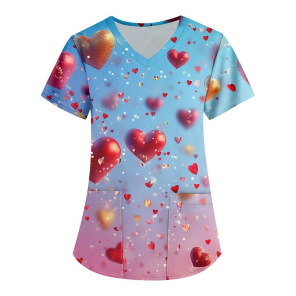 Valentines Day Scrub Tops Women Love Heart Printed V Neck Breathable Scrub Tops Short Sleeve Professionals Soft Stretch Workwear Shirt with Pockets blue Large